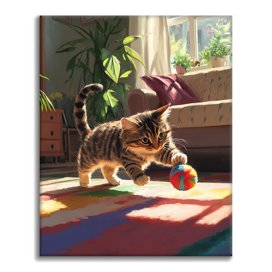 Katze und bunter Ball – Malen nach Zahlen