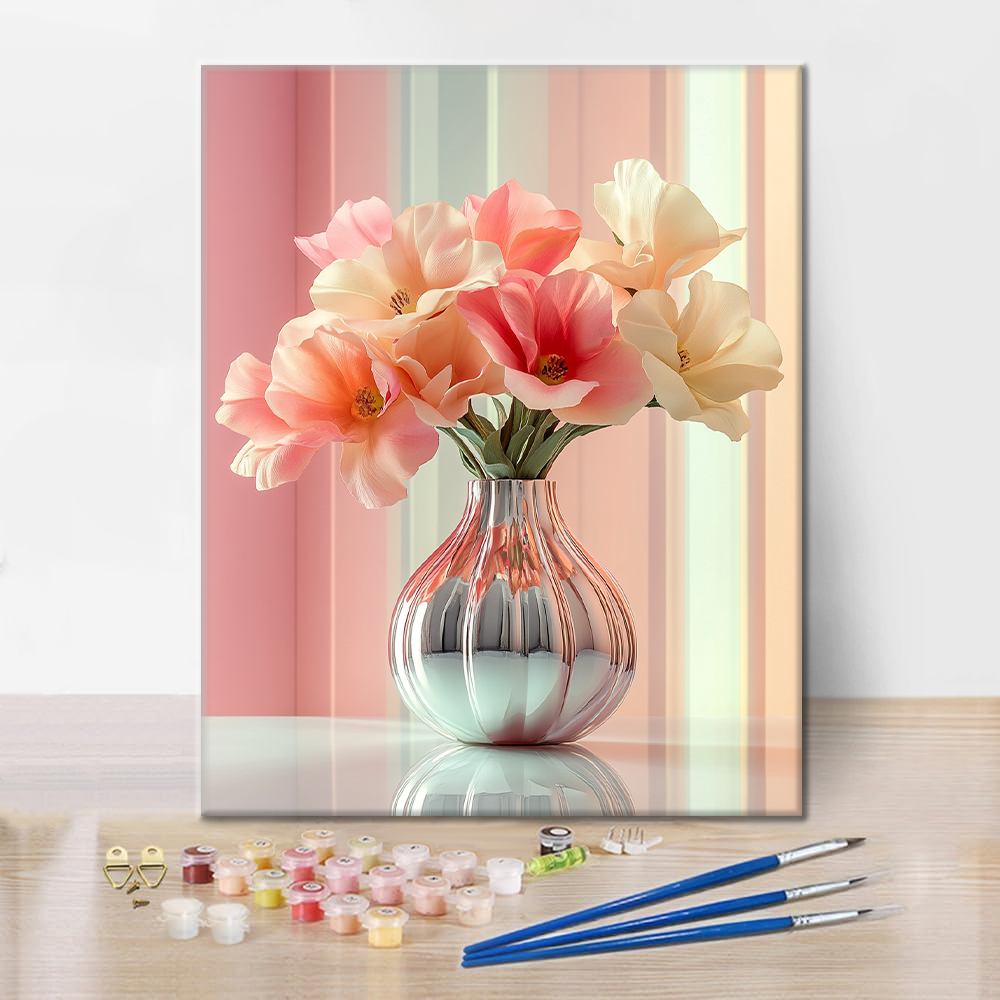 Elegante Vase mit rosa und weißen Tulpen – Malen nach Zahlen